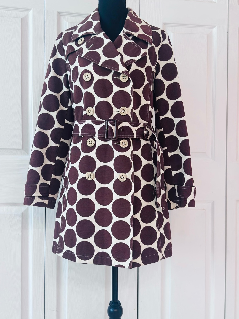 MERONA ~ Chocolate Brown Polka Dot Trench Coat w/Cream Background and Pockets